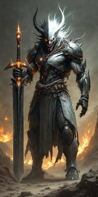 The primary subject of the image is a fantasy character, possibly a demon or a warrior, holding a sword. The character is wearing a suit of armor and is standing in front of a fiery background. The setting appears to be a dark and dramatic environment, possibly a battlefield or a demonic realm. The visual style of the image is digital art, as it is a detailed and intricate illustration. The colors and mood of the image are dark and intense, with the fiery background adding to